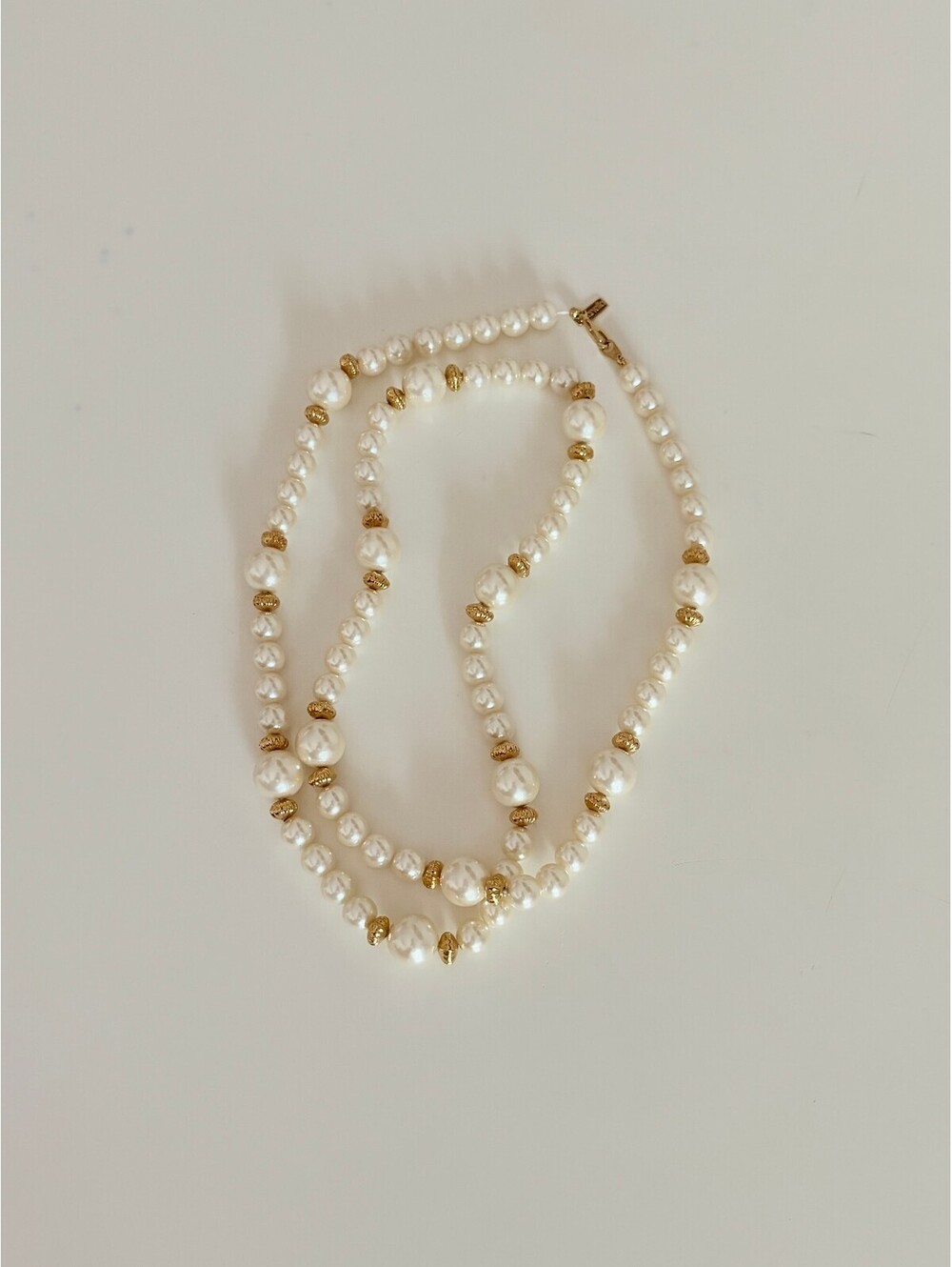 Faux Pearl Necklace White Gold Tone 30 Inch Signed Marvella Retro Elegant